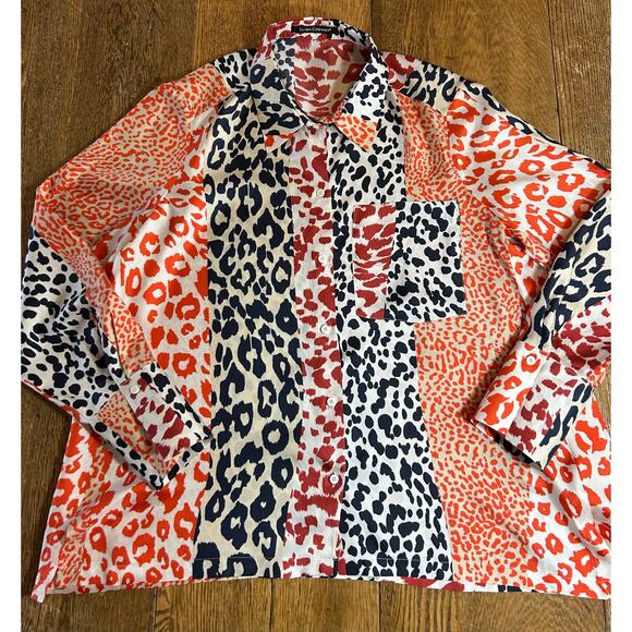 Luisa Cerano 100% Silk Animal Print Blouse Orange Rust Black Sz 10 Mob Wife - Picture 2 of 12